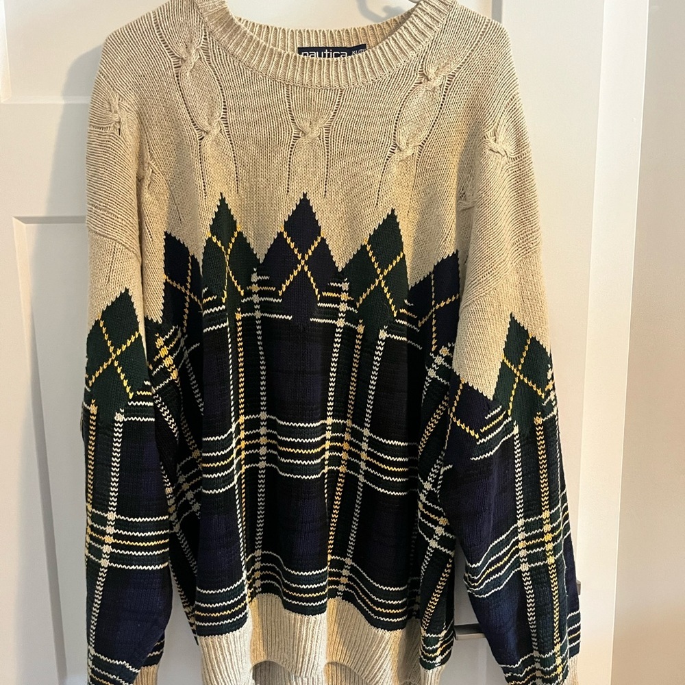 Nautica Crew Neck Sweater in Cream and Blue with Cable Knit